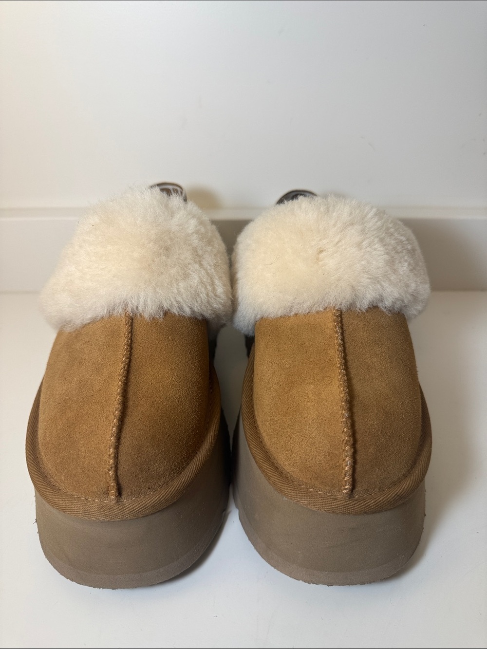 UGG Chestnut Funkette Suede Platform Slippers w/ Cream Fur Trim and Heel Strap
